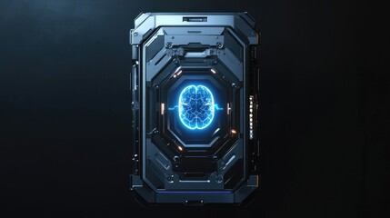 Poster - Futuristic mobile phone with robotic frame, AI brain glowing in center, minimal background
