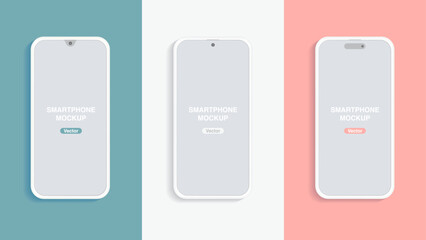 Poster - Modern Minimalist Smartphone Mockups: Clay Design on Blue Green, Gray White, and Pink Backgrounds. Vector.