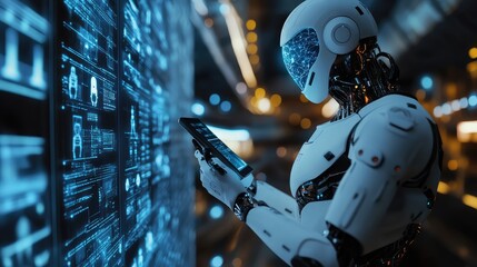 Poster - Mobile device with AI brain and robotic features, concept of intelligent tech with a digital focus