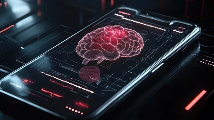 Poster - Mobile device with AI brain and robotic features, concept of intelligent tech with a digital focus
