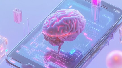 Poster - Mobile device with AI brain and robotic features, concept of intelligent tech with a digital focus