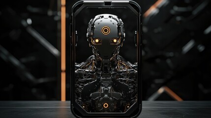 Poster - Mobile device with AI brain core and robotic frame, metallic futuristic design showcasing tech