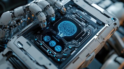 Poster - Mobile device with AI brain core and robotic frame, metallic futuristic design showcasing tech