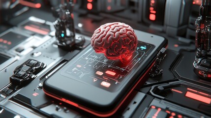 Aufkleber - mobile device with an exposed ai brain core, surrounded by robotic design elements, futuristic setti