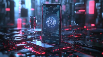 Poster - Mobile phone with AI brain core, surrounded by robotic details, digital effects around
