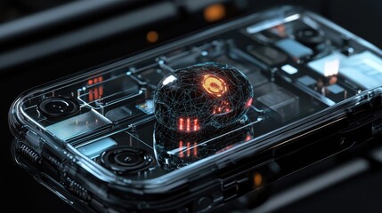 Poster - Mobile phone with exposed AI brain and robotic shell, futuristic technology concept