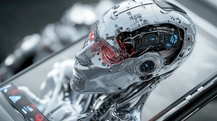 Poster - Mobile phone with exposed AI brain and robotic shell, futuristic technology concept