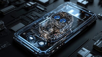 Poster - Mobile phone with exposed AI brain and robotic shell, futuristic technology concept