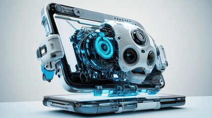Poster - Mobile phone with exposed AI brain and robotic shell, futuristic technology concept