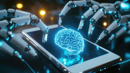 Poster - Phone with robotic arms and a glowing AI brain in the middle, futuristic tech concept
