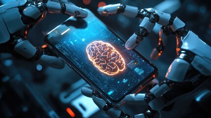 Poster - Phone with robotic arms and a glowing AI brain in the middle, futuristic tech concept