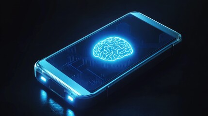 Poster - Phone with robotic case, AI brain at center glowing, concept of advanced intelligent device