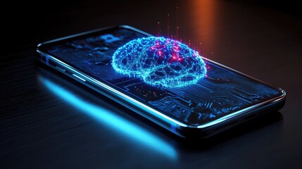 Poster - Render of phone with AI brain and robotic elements, glowing circuits symbolizing intelligence