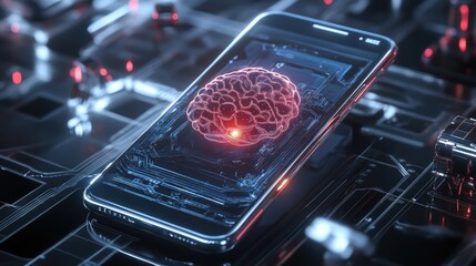 Poster - Rendered phone with AI brain core, surrounded by robotic elements, sleek futuristic design