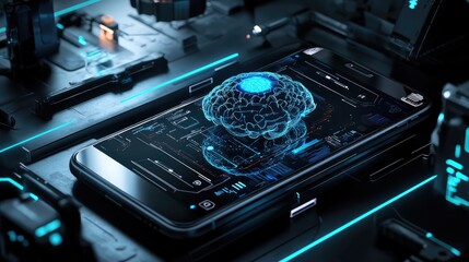 Poster - Rendered phone with AI brain core, surrounded by robotic elements, sleek futuristic design