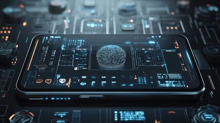 Poster - Rendered smartphone with central AI brain and robotic elements, futuristic theme