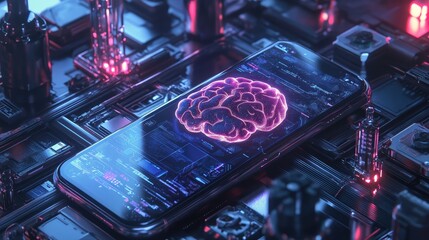Poster - Rendered phone with AI brain core, surrounded by robotic elements, sleek futuristic design