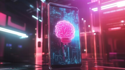 Poster - Rendered smartphone with central AI brain and robotic elements, futuristic theme