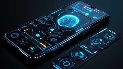 Poster - Rendered smartphone with central AI brain and robotic elements, futuristic theme