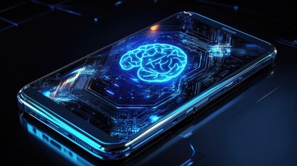Poster - Robotic mobile phone with AI brain in the middle, metal details and digital glow symbolizing intelligence