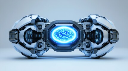 Poster - Robotic mobile with glowing AI brain in the middle, metallic design, symbolizing advanced intelligence