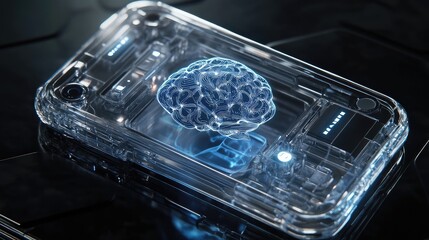 Poster - Robotic phone design with AI brain at center, transparent shell, concept of intelligent technology