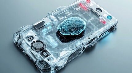 Poster - Robotic phone design with AI brain at center, transparent shell, concept of intelligent technology