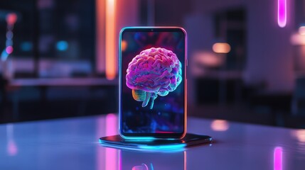 Poster - Robotic smartphone with a vibrant AI brain in the middle, symbolizing advanced machine learning capabilities