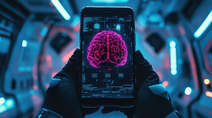 Poster - Robotic smartphone with a vibrant AI brain in the middle, symbolizing advanced machine learning capabilities