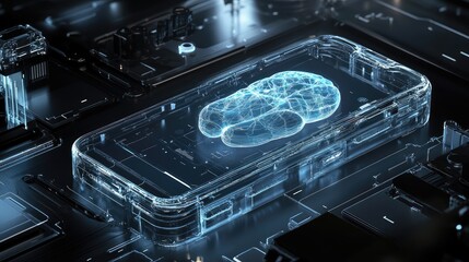 Poster - Smartphone with transparent body and visible AI brain, robotic parts around, futuristic look