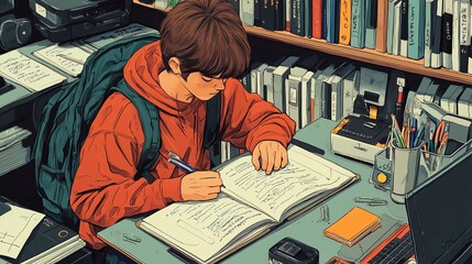 Aufkleber - A young man in a red hoodie sits at a desk with a backpack, books, and a laptop, writing in a notebook. He is surrounded by stacks of books and papers.