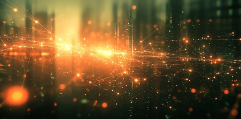 Poster - Abstract background with glowing orange lights and blurred cityscape, representing connection, technology, and future.