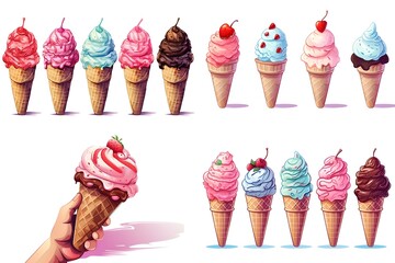 illustration of an ice cream set. Different types and tastes of cold desserts cups cones soft serve bars sticks popsicles frozen juice in waffles and on sticks. Vintage hand-drawn style generative ai