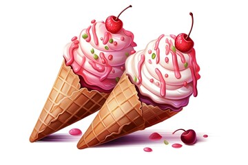 illustration of an ice cream set. Different types and tastes of cold desserts cups cones soft serve bars sticks popsicles frozen juice in waffles and on sticks. Vintage hand-drawn style generative ai	