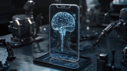 Poster - Smartphone with transparent body and visible AI brain, robotic parts around, futuristic look