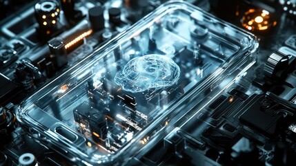 Poster - Smartphone with transparent body and visible AI brain, robotic parts around, futuristic look