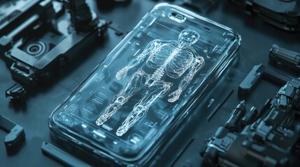 Poster - Smartphone with transparent body and visible AI brain, robotic parts around, futuristic look