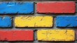 © Foxeye AI - A brick wall painted in red, yellow, and blue. The colorful bricks are an excellent background for your design or project.