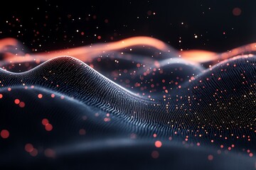 Poster - abstract dark background with glowing particles and a wavy surface.