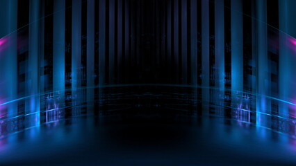 Fototapete - This captivating digital artwork showcases a blend of neon blue lights and abstract forms surrounded by darkness, creating a futuristic and immersive atmosphere at night