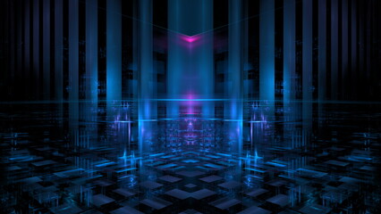 Fototapete - Bright blue and purple lights form an intricate abstract pattern in a futuristic setting, showcasing a blend of technology and artistry, emphasizing symmetry and depth in the design