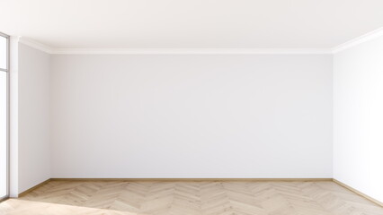 Poster - spacious, uncluttered room features white walls and light wood flooring. Abundant natural light enters through large windows, creating an inviting atmosphere suitable for various activities