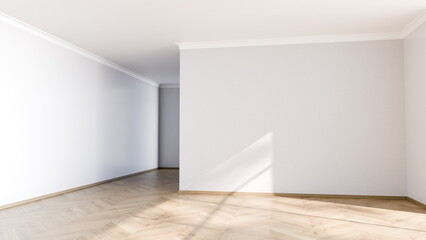 Poster - spacious, empty room featuring a light wooden floor and white walls. Natural light streams in from a window, highlighting the simplicity and potential of the space