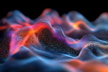 Leinwandbilder - Abstract digital landscape with glowing lines and particles in red, orange, blue and purple tones.