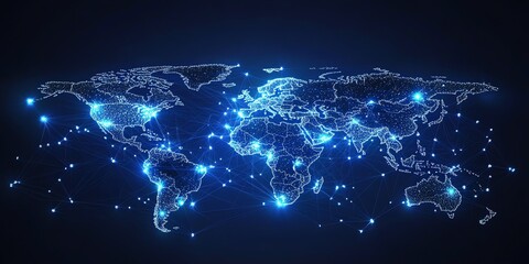 Poster - Abstract digital world map with glowing lines connecting continents.