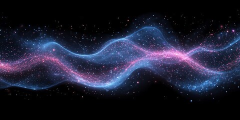 Poster - Abstract glowing blue and pink wave with sparkling particles on black background.