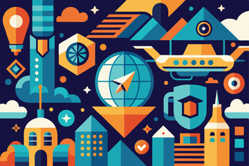 Poster - A colorful abstract design showcases geometric shapes and symbols depicting modern exploration and creativity, A futuristic, geometric pattern representing cutting-edge travel technology