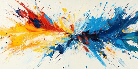 Poster - Abstract painting with yellow, red, blue and white colors in a burst pattern.