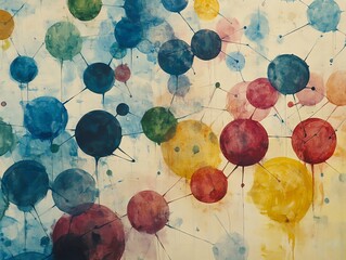 Fototapete - Abstract watercolor painting of colorful circles connected by lines, representing a network or connections.