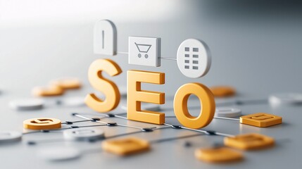 Poster - Vibrant Illustration of SEO Keywords and Icons on a Digital Background Highlighting Online Marketing and Search Engine Optimization Concepts